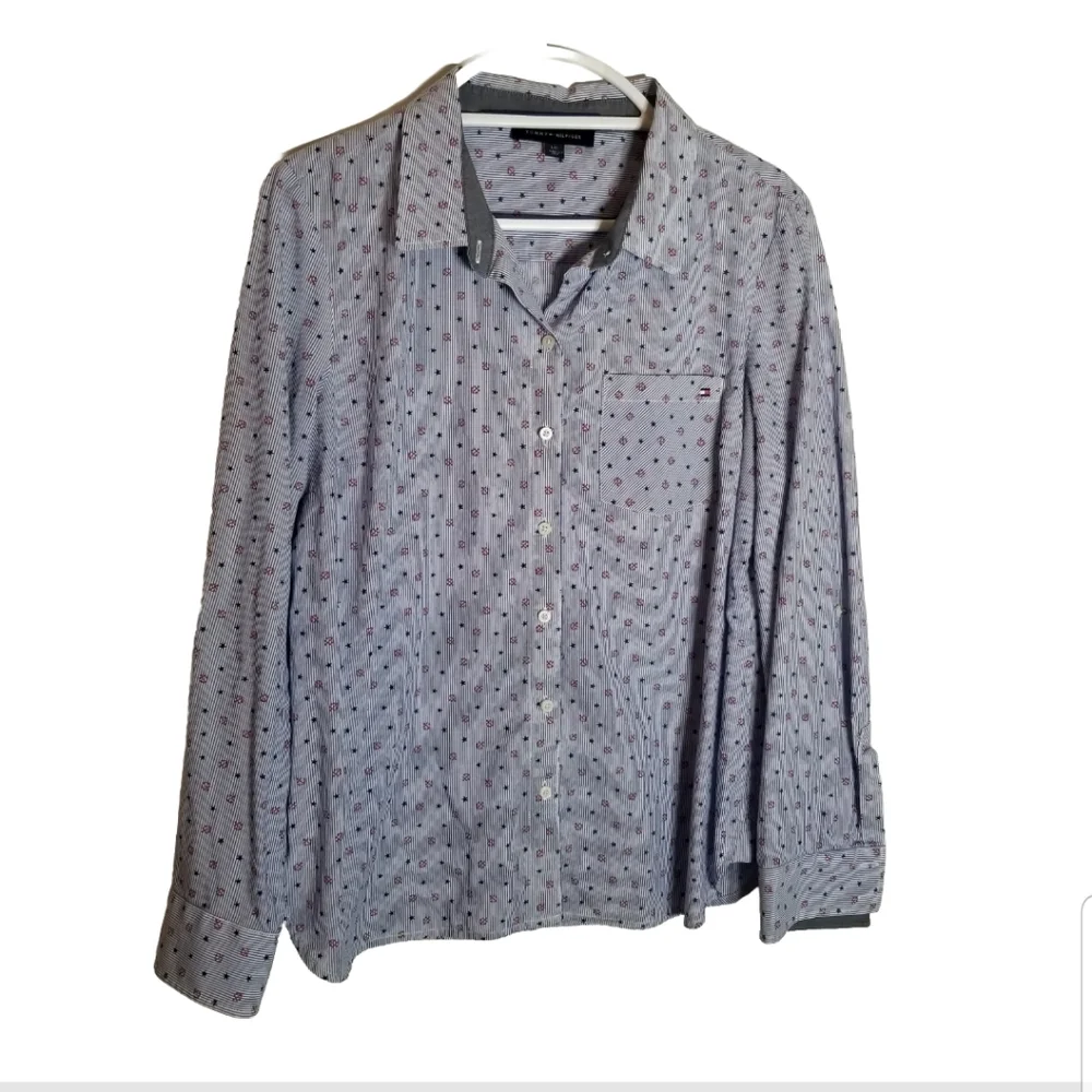 Tommy Hilfiger Shirt Women's Large Blue Stripe Anchors Stars Button Up Nautical